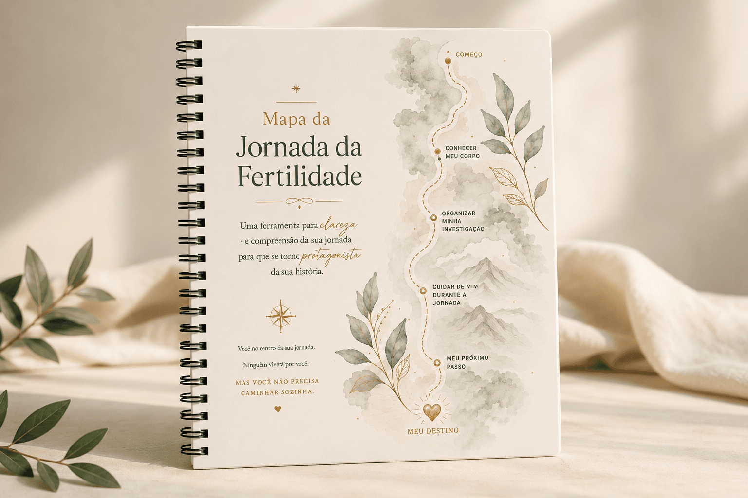 MAPA da Jornada da Fertilidade® encadernado em espiral sobre fundo bege claro