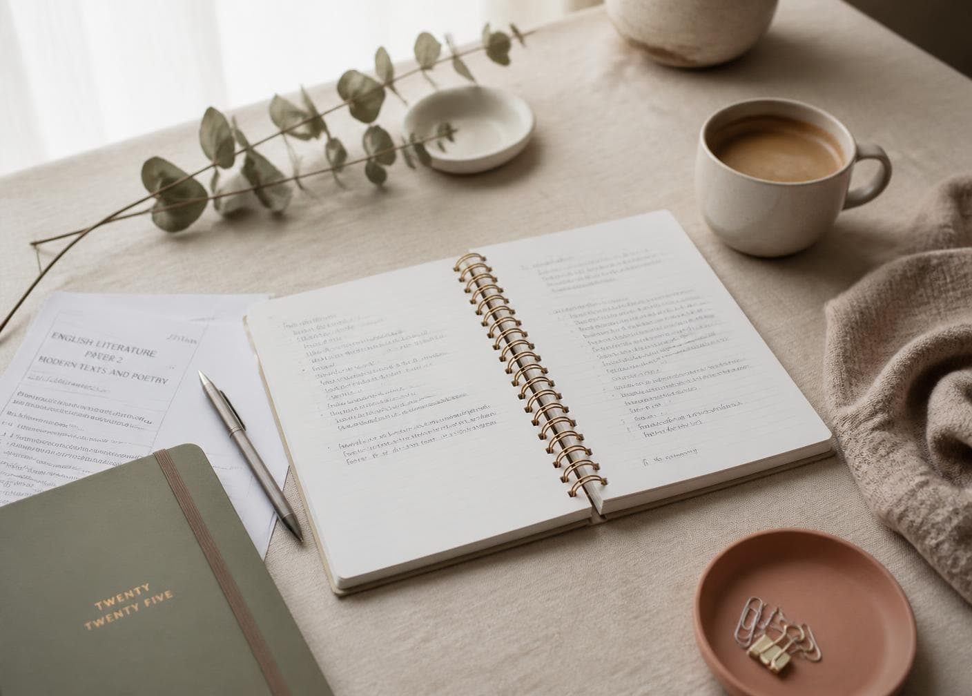 Mesa com o MAPA aberto, exames, agenda, caneta e xícara de café sob luz natural